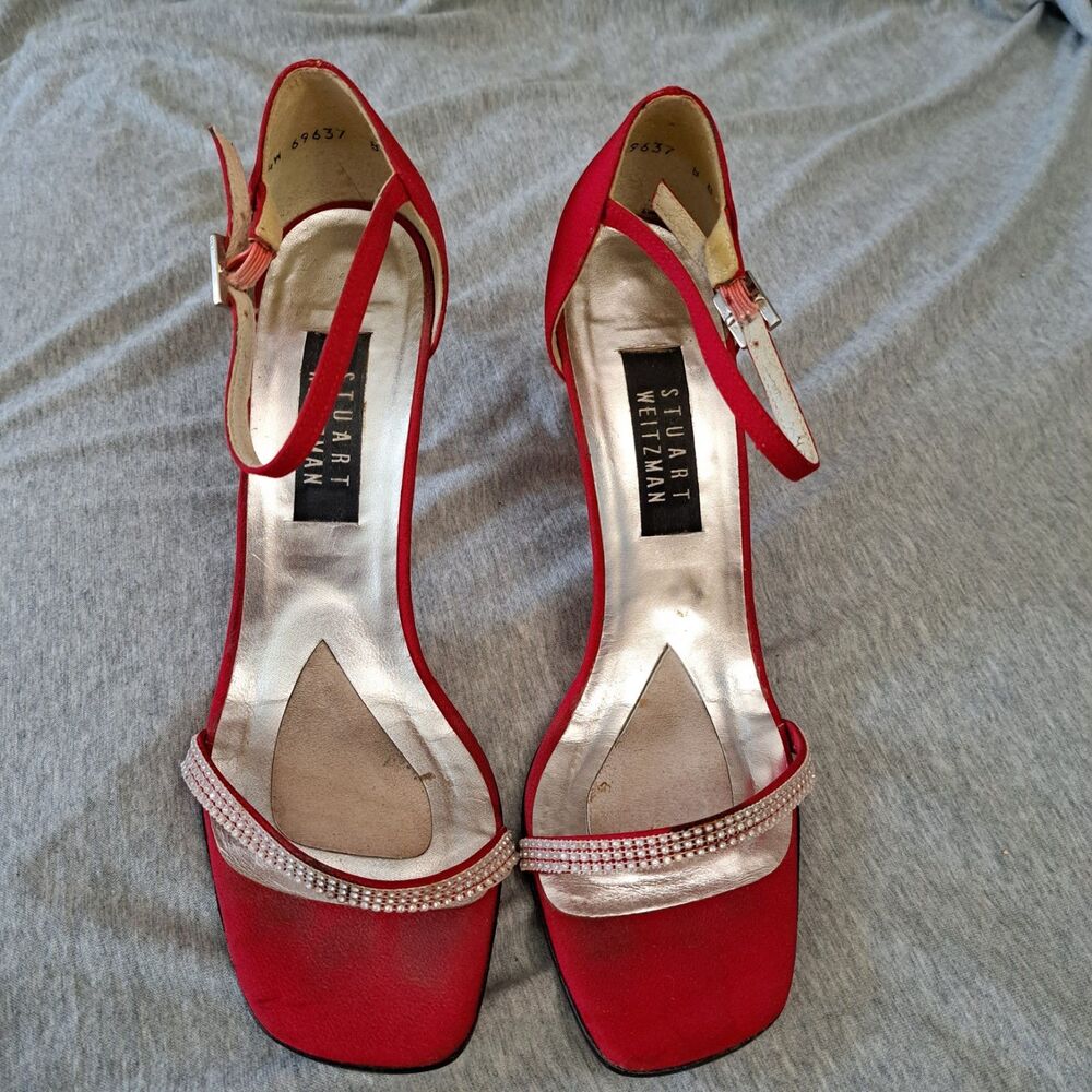 Stuart Weitzman Red Rhinestone Ankle Strap Stiletto Sandals Heels Size 8B